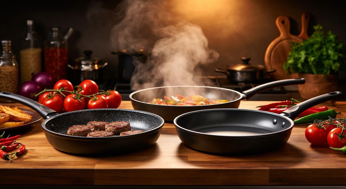 A rustic Turkish kitchen counter displays two distinct frying pans side by side—one with a speckled granite finish (Schafer) and the other with a sleek, glossy Swiss Crystal coating (Refika's Karaca collaboration)—while steam rises from a sizzling dish of sautéed peppers and onions in the background.