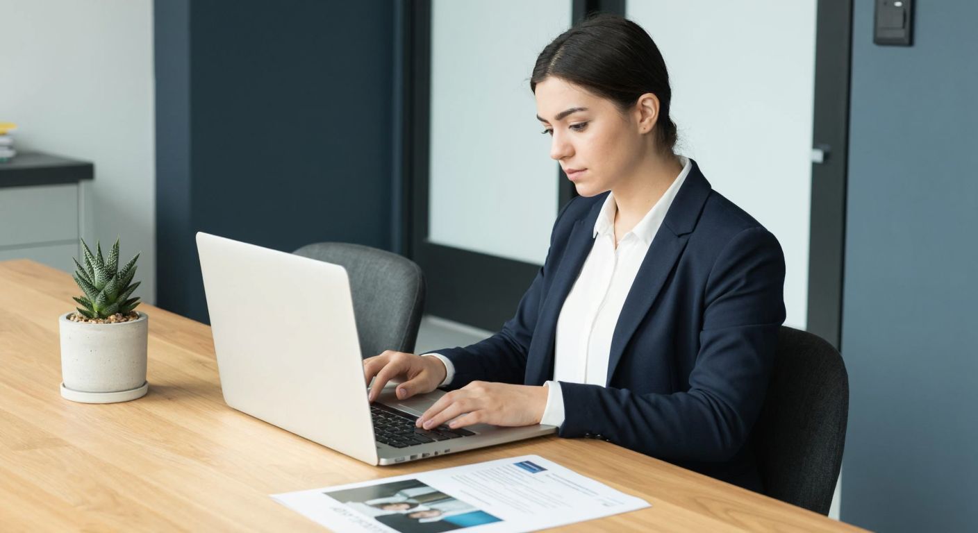 A young professional in a neat outfit sits at a wooden desk in a modern Turkish office, typing on a laptop with a focused expression, while a printed CV and a small potted plant sit beside them.