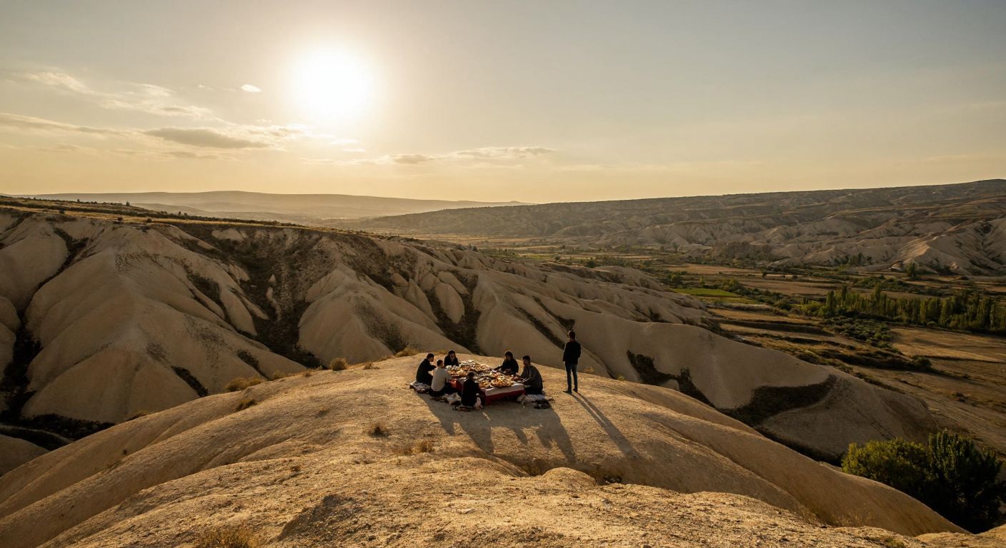 A lone figure stands on a rocky hilltop in Turkey, gazing at their own shadow stretching across the barren landscape, while a distant group of people share a meal around a low table laden with meze dishes.