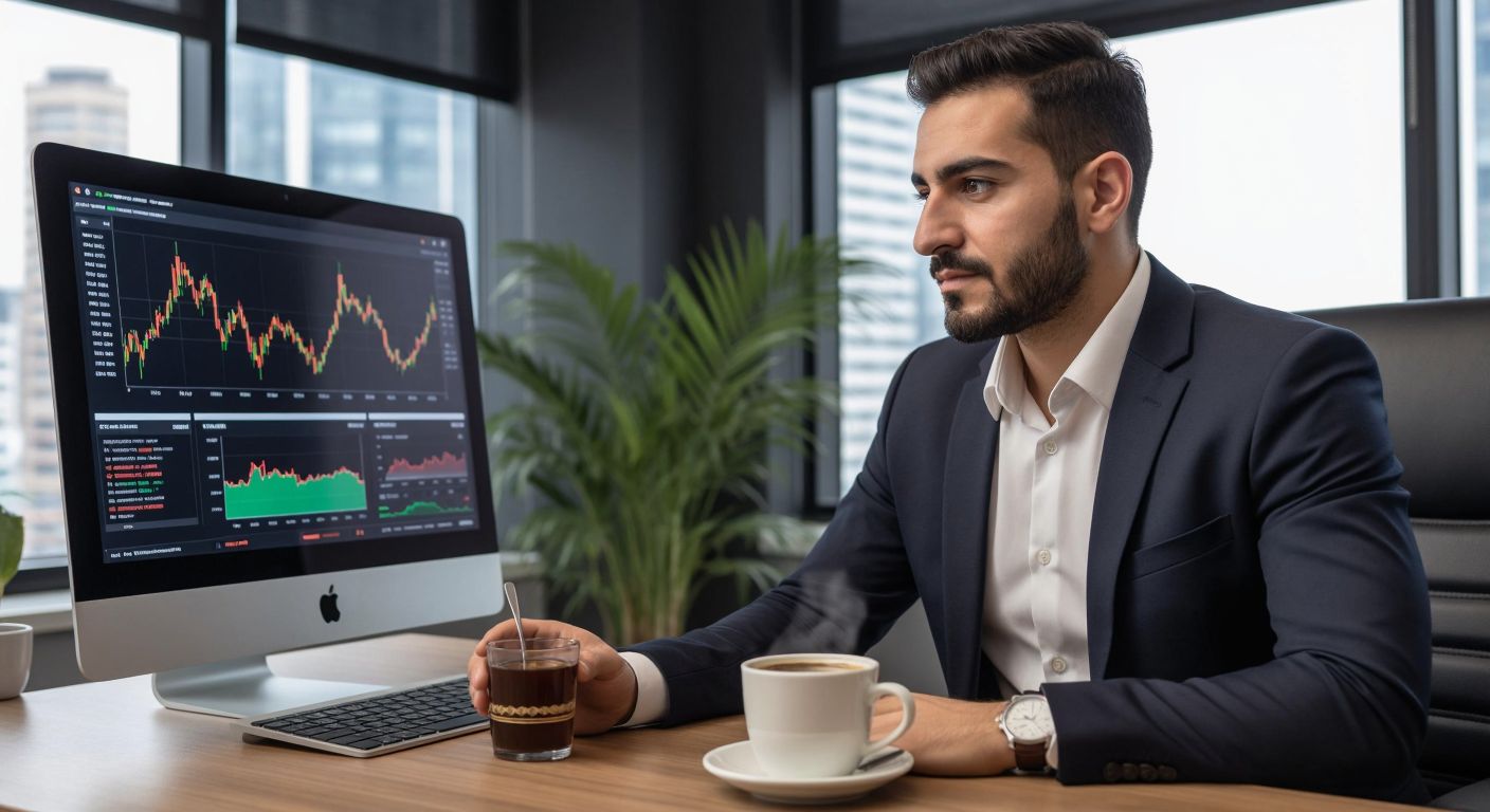 A confident Turkish businessman in a modern office reviews stock market charts on a sleek computer monitor, with a steaming cup of Turkish coffee beside him, exuding trust and professionalism.