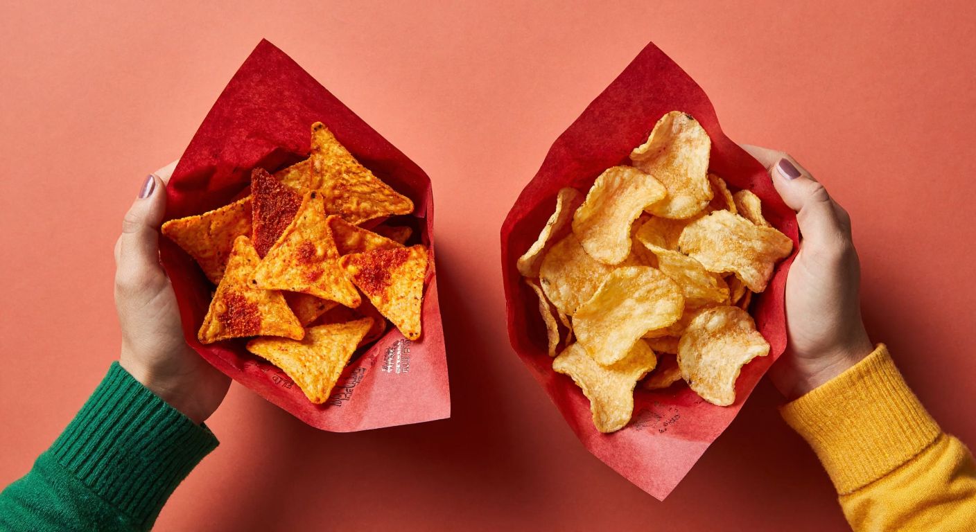 A vibrant table in Turkey holds two open bags—one with bold, triangular Doritos chips dusted in red seasoning, and another with wavy, golden Ruffles chips, while hands reach eagerly from opposite sides to grab their preferred snack.