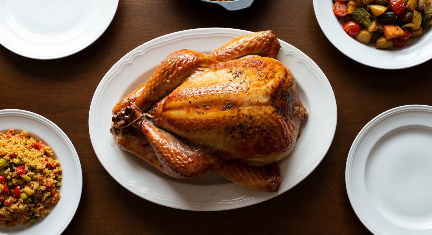 A golden-brown roasted half turkey resting on a large white serving platter, surrounded by four empty plates and traditional Turkish side dishes like bulgur pilaf and roasted vegetables, evoking a warm family meal.