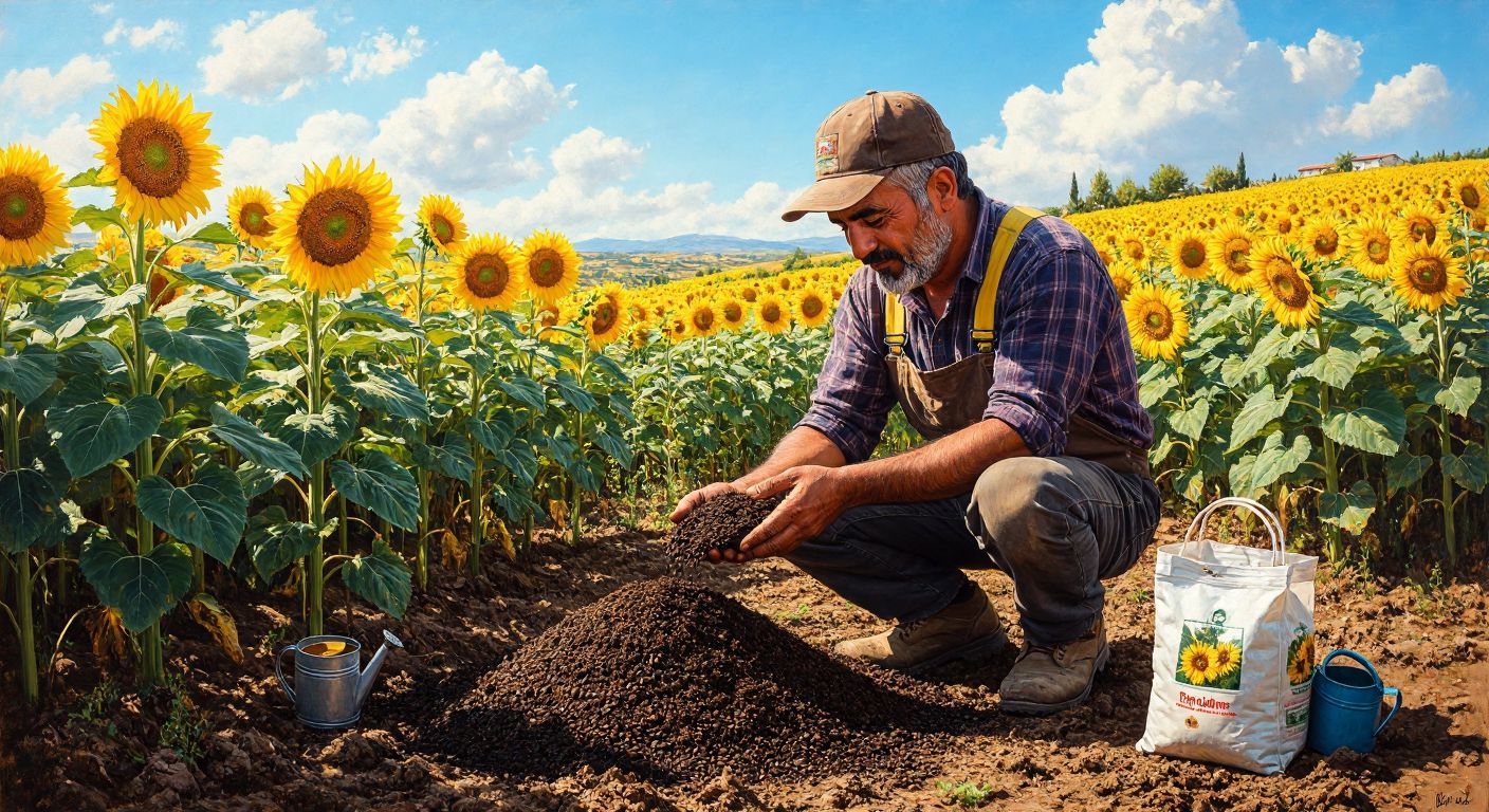 A Turkish farmer in a sunlit sunflower field, kneeling to inspect healthy golden blooms while holding soil in one hand and high-quality seeds in the other, with a watering can and fertilizer bag nearby.