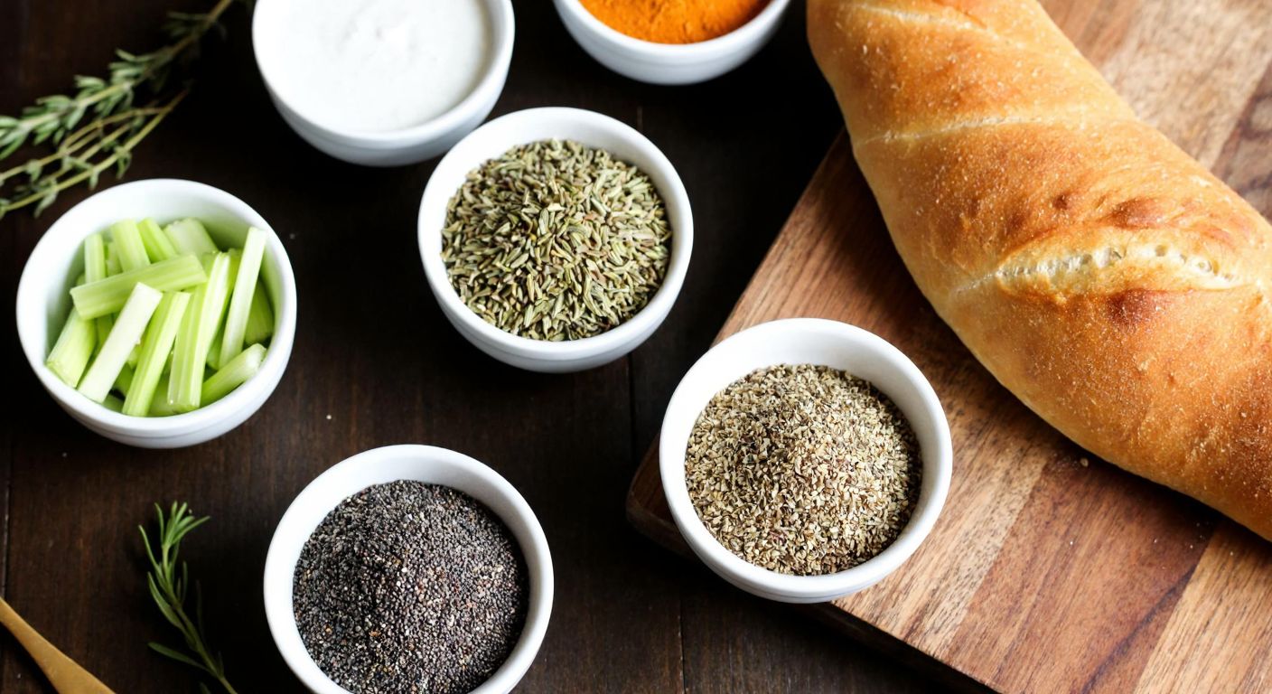 A rustic wooden table in a Turkish kitchen holds small bowls filled with celery seeds, thyme, cumin seeds, and black sesame seeds, arranged neatly beside a warm loaf of freshly baked bread sprinkled with the spices.