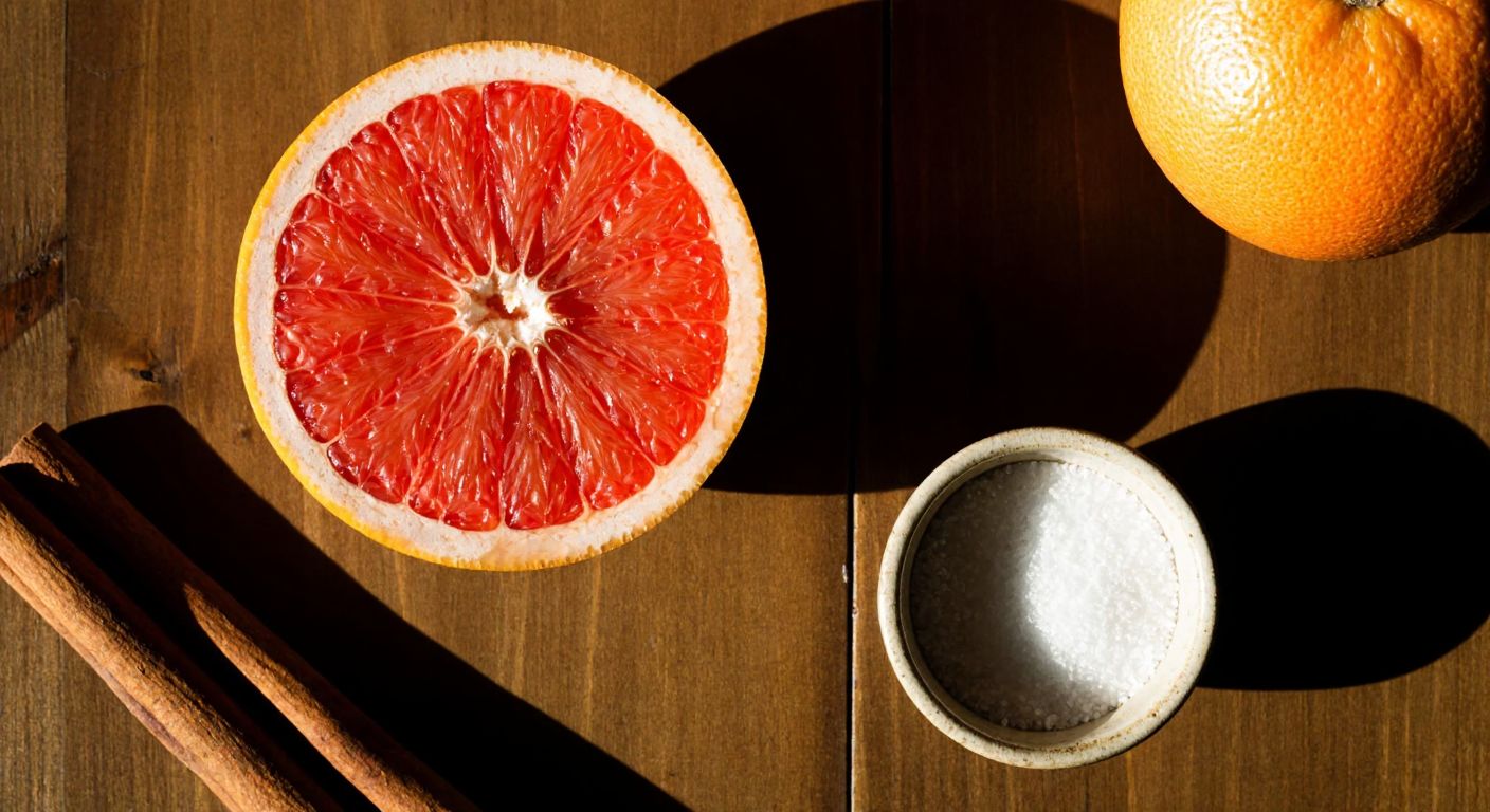 A vibrant, freshly peeled grapefruit with juicy segments arranged on a rustic wooden table, alongside a small bowl of sugar and a cinnamon stick, with a warm, golden light casting soft shadows.