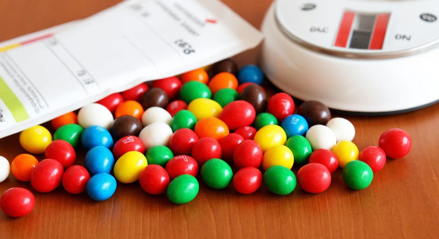 A colorful assortment of bite-sized draje candies scattered on a wooden table, with a small scale and a nutrition label in the background (without readable text).