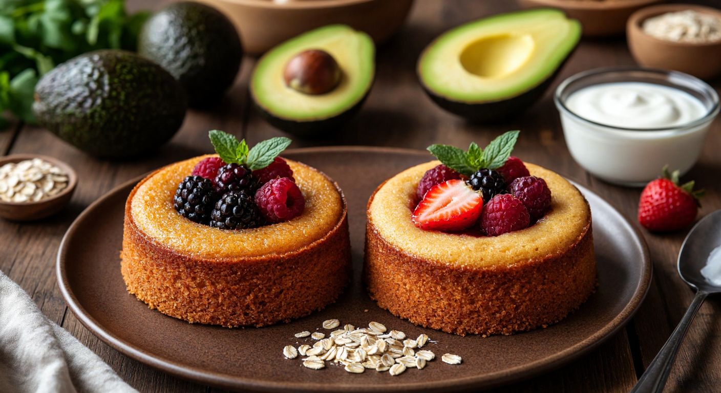 A warm Turkish kitchen with two small, elegantly plated single-serving cakes—one made with whole wheat flour, fresh fruit, and honey, and the other with refined sugar and processed flour—placed side by side on a wooden table, surrounded by ingredients like avocados, yogurt, and oats.