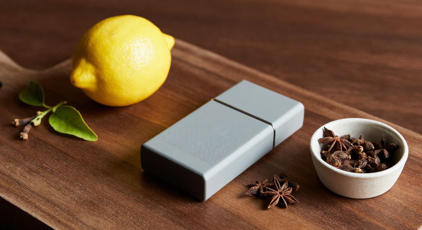 A sleek grey cigarette pack rests on a wooden table beside a fresh lemon and a small bowl of aromatic cloves, evoking a crisp, citrus-spiced scent.