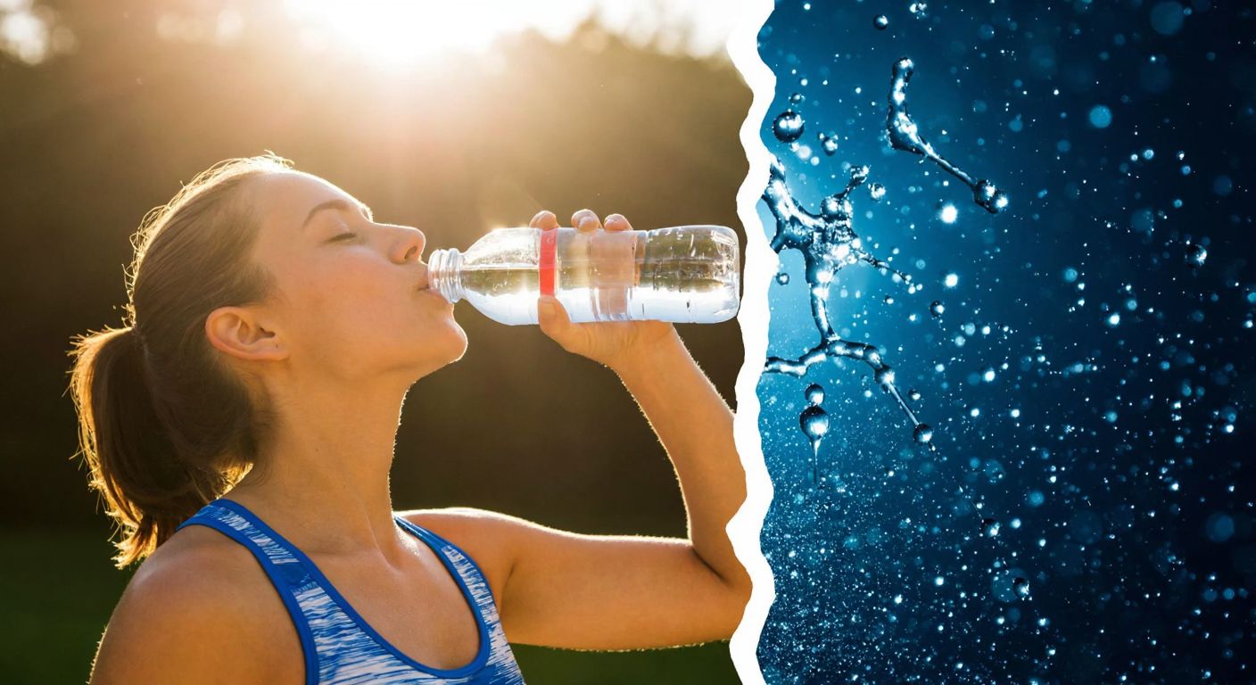 A split-image with one side showing a person drinking water under the sun (hydration) and the other side illustrating molecular bonds breaking apart with water droplets (hydrolysis).