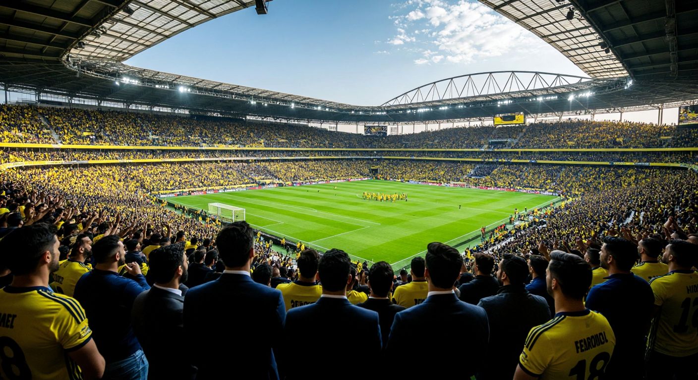 A bustling stadium in Istanbul, filled with cheering fans in yellow-and-blue Fenerbahçe jerseys, while executives in suits discuss sponsorship deals in a sleek office overlooking the field.