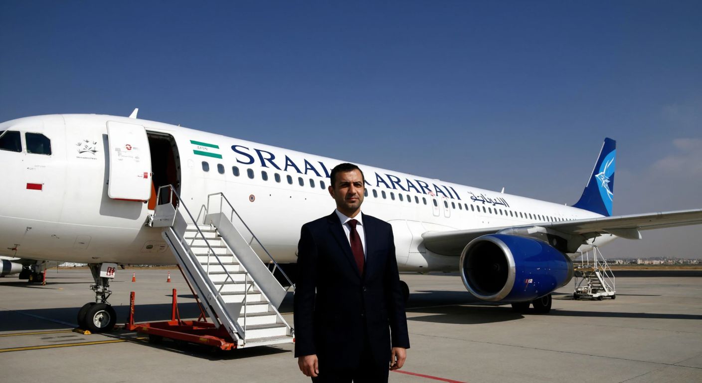 A Syrian government official in a formal suit stands proudly beside a grounded Syrian Air jet with the airline's logo, under a clear blue sky at Damascus International Airport.
