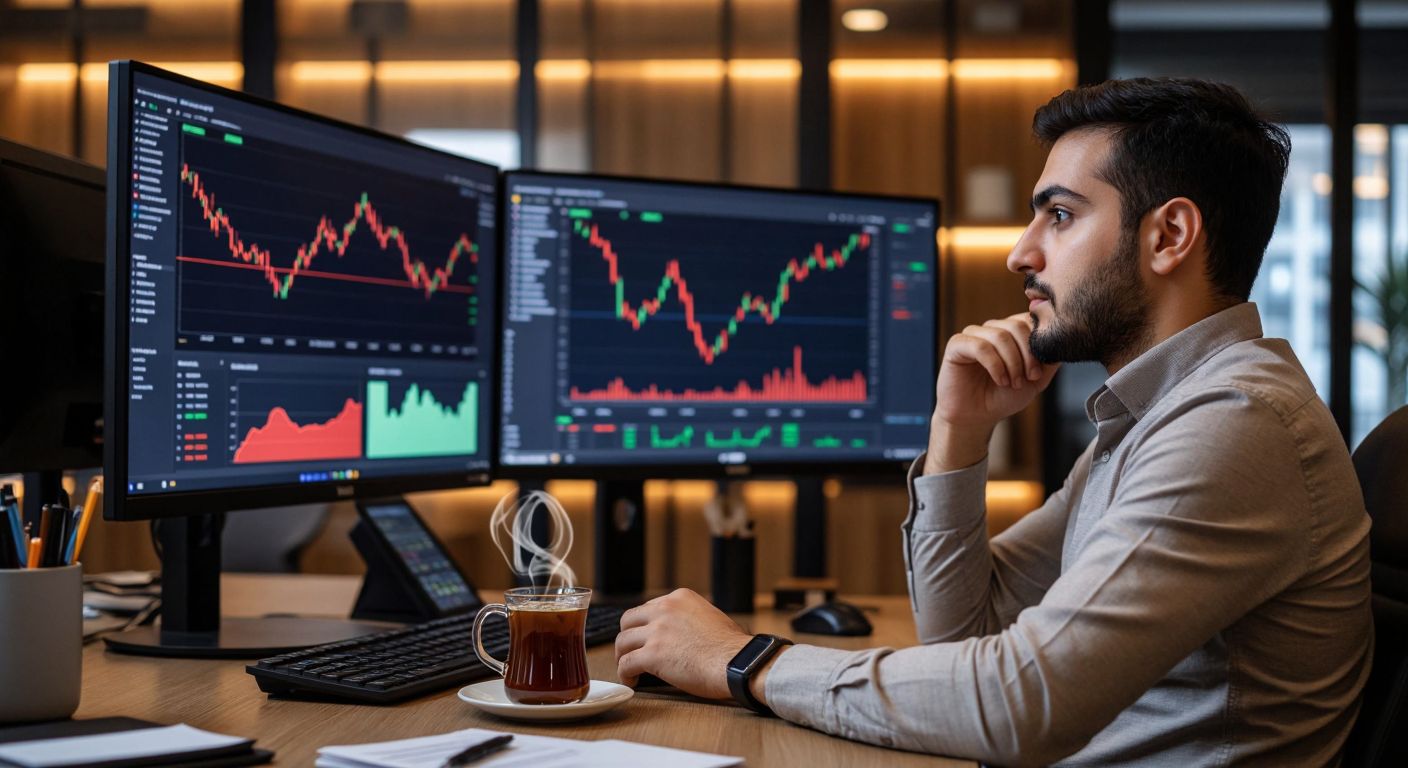 A confident Turkish trader in a modern office gazes at dual monitors displaying real-time stock charts of Borsa İstanbul and VİOP, with a steaming cup of Turkish coffee on the desk.