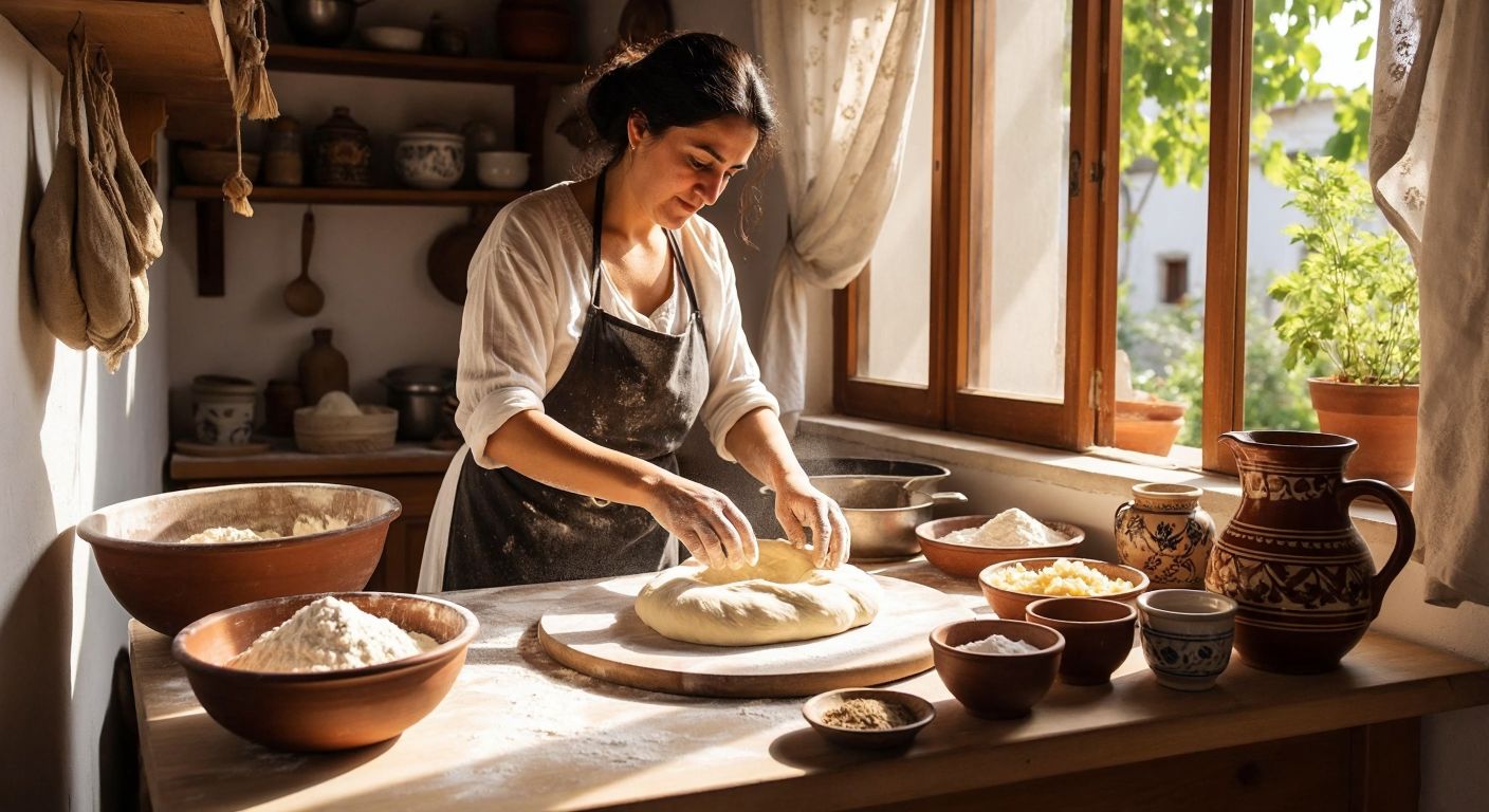 A Turkish woman in a sunlit kitchen kneads smooth dough on a flour-dusted wooden table, surrounded by bowls of ingredients like flour, water, and oil, with a traditional ceramic pitcher nearby.