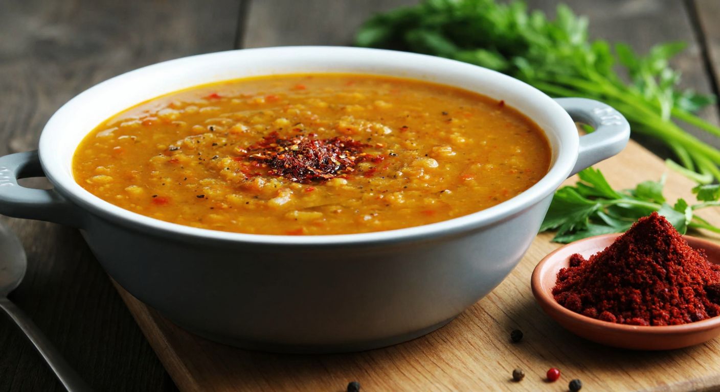 A steaming bowl of Turkish lentil soup garnished with a sprinkle of sumac, placed on a rustic wooden table beside fresh herbs and a small dish of the deep-red spice, evoking warmth and traditional flavors.