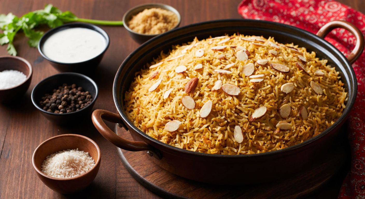 A warm, golden-brown pot of fragrant almond-studded rice pilaf sits on a wooden table, with toasted almonds glistening on top, surrounded by small bowls of cumin, cinnamon, and black pepper, evoking the rich aroma of Turkish cuisine.