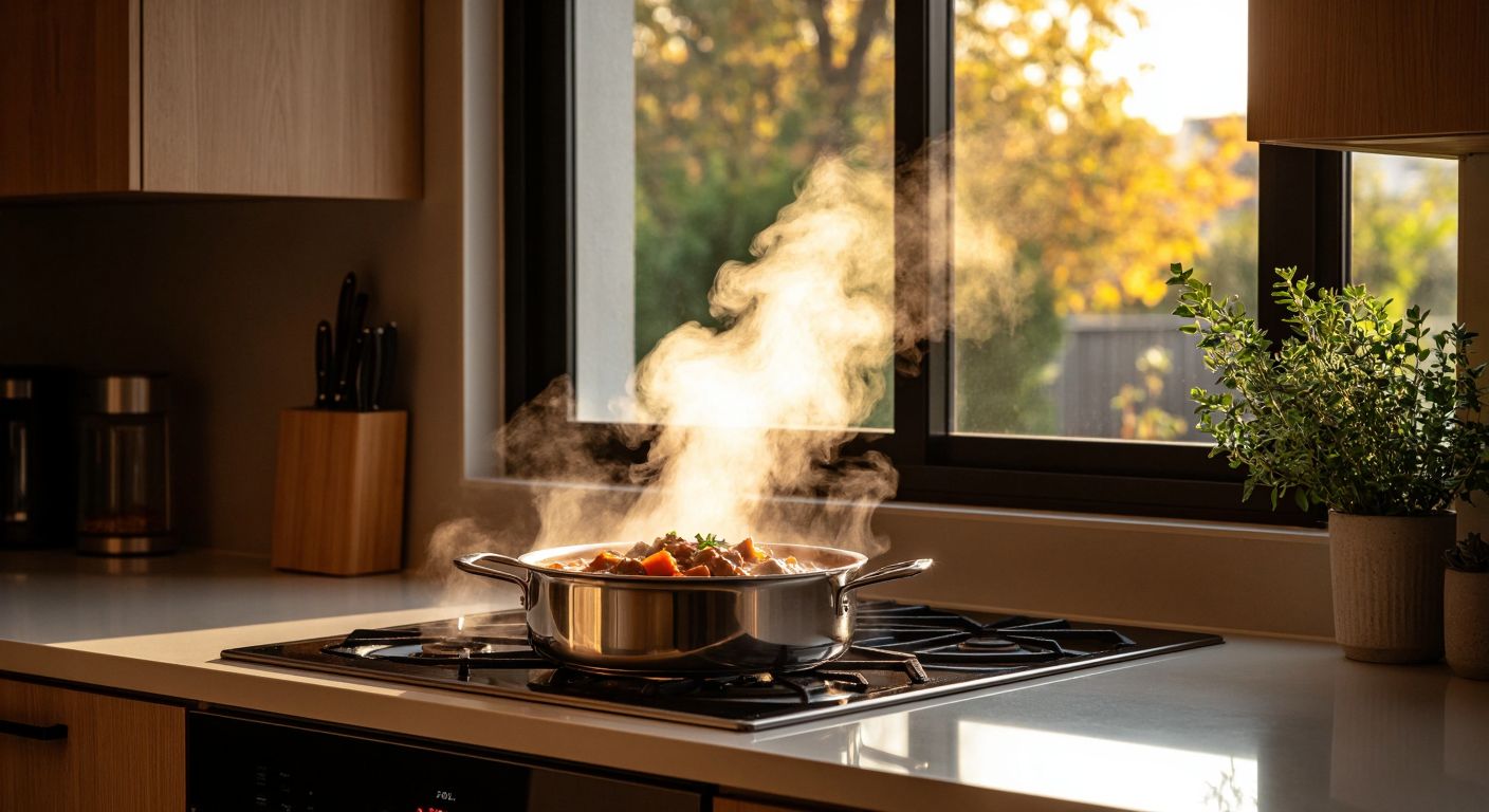 A sleek, modern glass extractor fan mounted on a kitchen window, gently pulling steam and cooking aromas from a bubbling pot of Turkish stew on the stove, with warm sunlight filtering through the clean, moisture-free air.