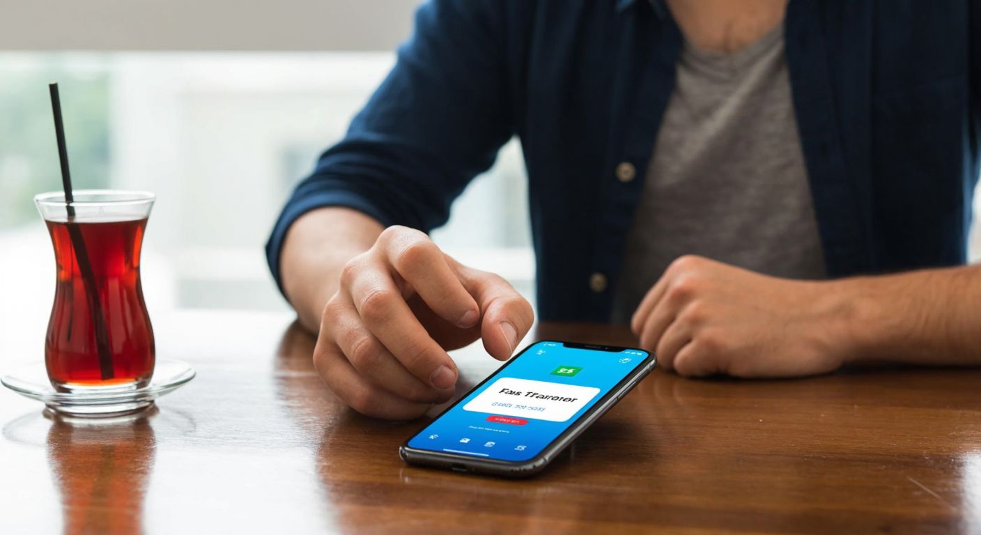 A focused Turkish person in casual attire sits at a wooden table with a smartphone displaying a banking app, their finger hovering over a "FAST Transfer" button, while a steaming cup of Turkish tea sits beside them, reflecting their intent to complete a financial transaction.