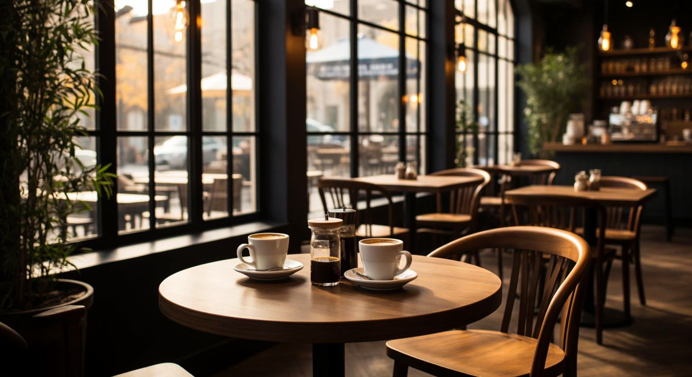A cozy café in Turkey with dark wooden tables, steaming cups of black coffee, and a warm, inviting atmosphere, contrasted with a sleek, modern café in Dubai featuring minimalist decor and patrons enjoying artisanal coffee.
