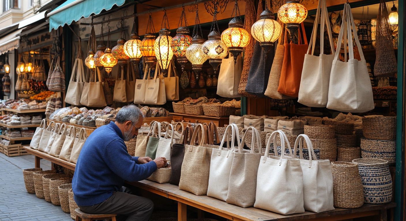 A vibrant Turkish bazaar stall displays an array of handmade canvas, cotton, and jute tote bags in earthy tones, with a craftsman carefully stitching a sturdy woven PP bag under the warm glow of hanging lanterns.