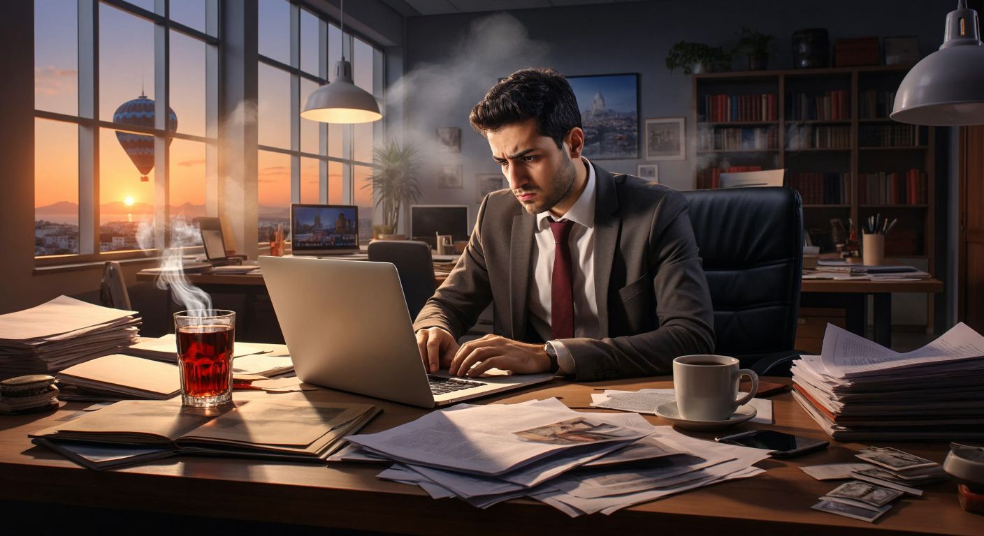 A person in a modern office in Turkey, frowning slightly while searching on a laptop, with a steaming cup of Turkish tea beside them, surrounded by scattered papers and a notebook.