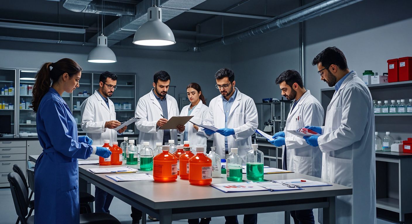 A diverse group of professionals—chemists in lab coats, engineers reviewing documents, and factory workers handling chemical containers—gather in a modern Turkish training room with safety posters and sample SDS forms on the table.