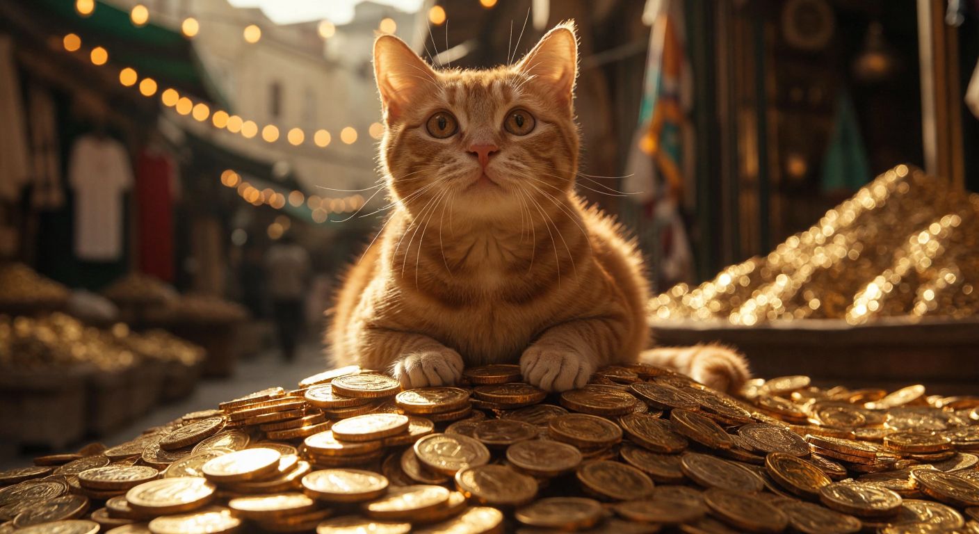 A playful orange tabby cat with wide, curious eyes sits atop a pile of shimmering gold coins, with a faint digital glow around them, set against a warm, sunlit Turkish bazaar backdrop.