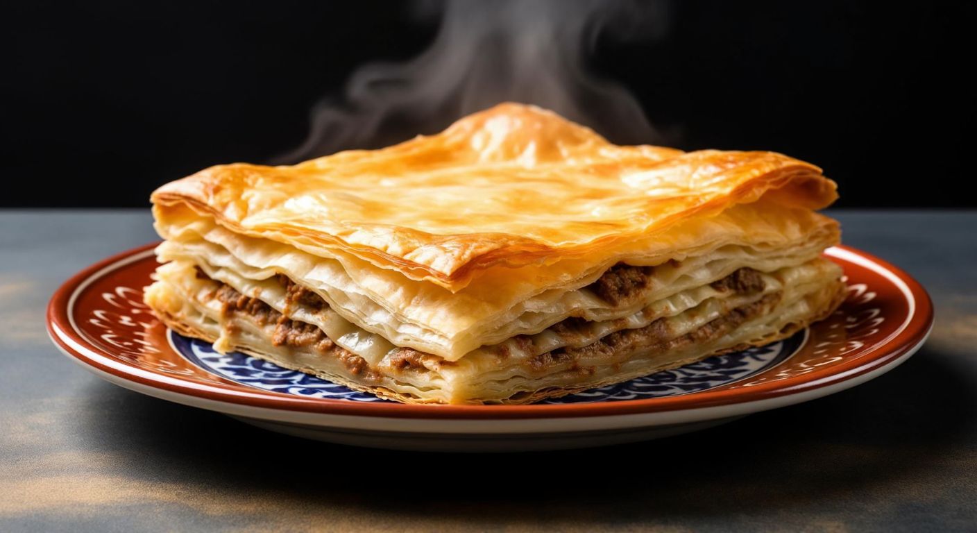 A golden, flaky sheet of su böreği pastry resting on a traditional Turkish ceramic plate, with steam rising gently from its crisp layers.