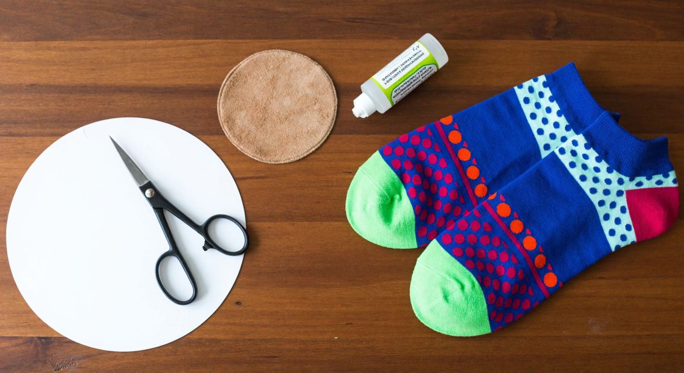 A pair of colorful socks with dotted fabric glue patterns on the soles, placed on a wooden table next to a small tube of glue and a pair of scissors, with a neatly cut suede circle nearby.