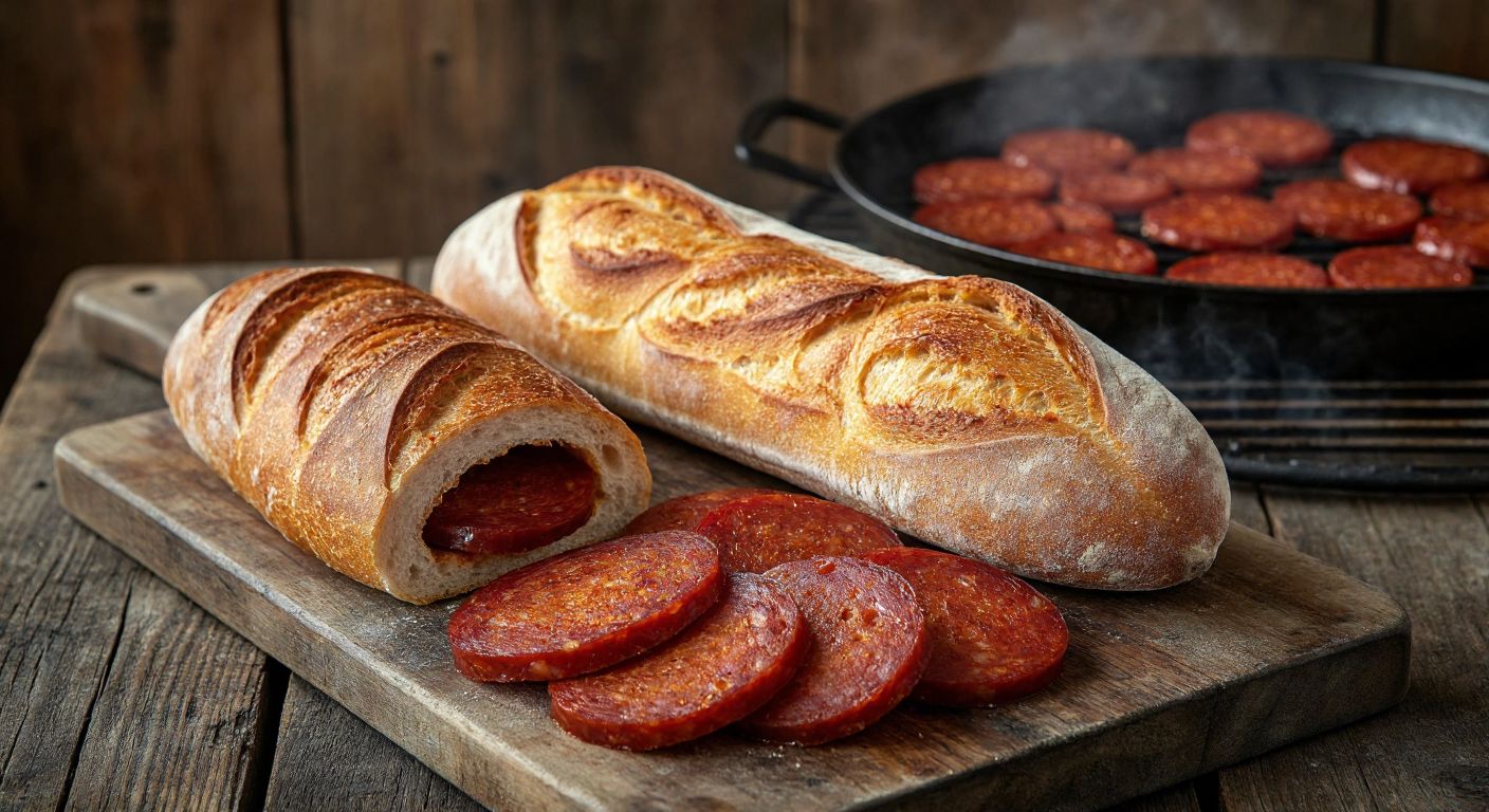A crispy golden baguette and a soft white loaf of bread sit side by side on a rustic wooden table, with slices of spicy Turkish sucuk sizzling on a nearby grill, filling the air with smoky aromas.