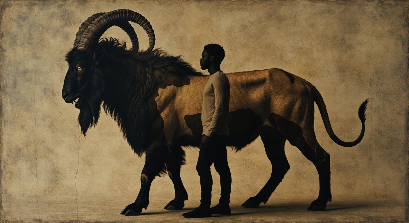 A surreal silhouette of a human figure with subtly blended patches of different skin tones, standing against a backdrop of a mythical chimera creature with a lion's head, goat's body, and serpent's tail.