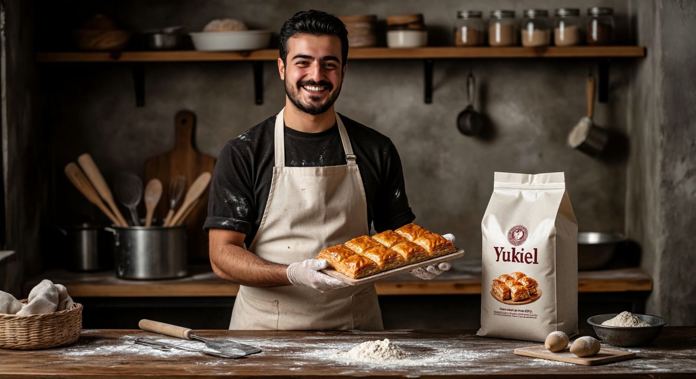A smiling Turkish baker in a flour-dusted apron holds a golden-brown baklava fresh from the oven, with a sack of Yüksel Un prominently displayed beside a wooden countertop scattered with baking tools.