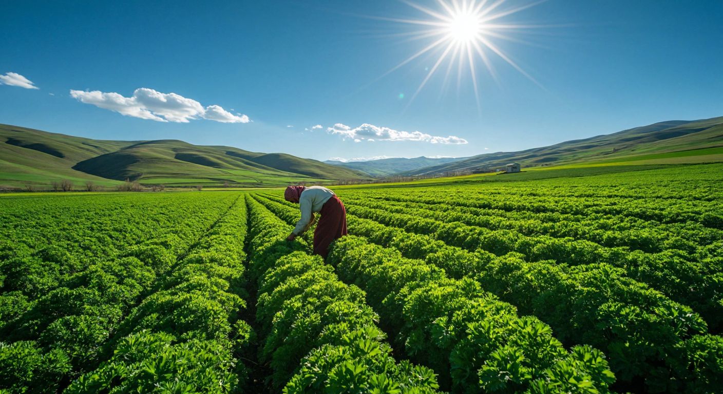 A lush green parsley field under a bright sun in Kars, with rolling hills in the background and a farmer in traditional Turkish clothing tending to the vibrant plants.
