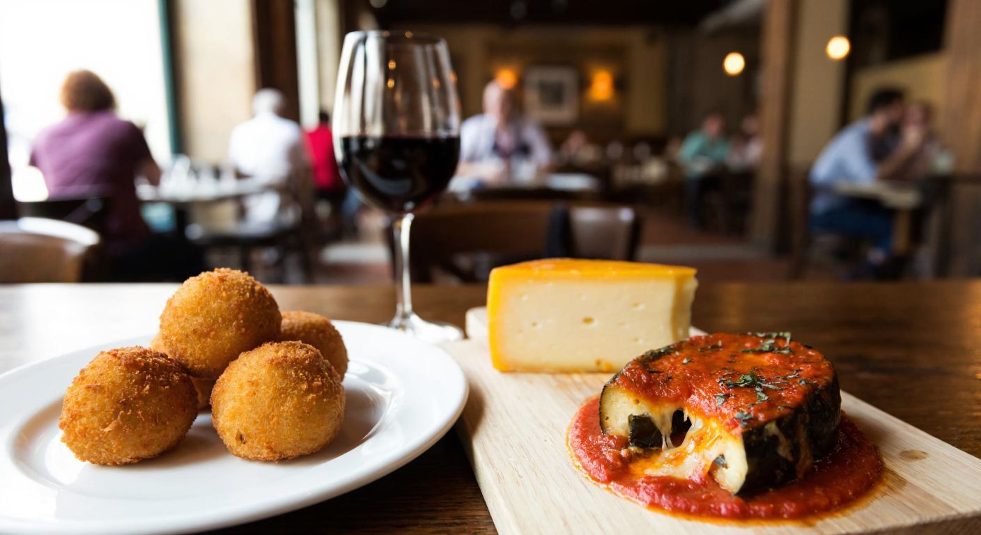 A rustic wooden table in a cozy Italian-style restaurant, topped with a steaming plate of golden Arancini, a slice of Melanzane Alla Parmigiana oozing cheese, and a glass of red wine, with a blurred background of warm lighting and patrons enjoying their meals.