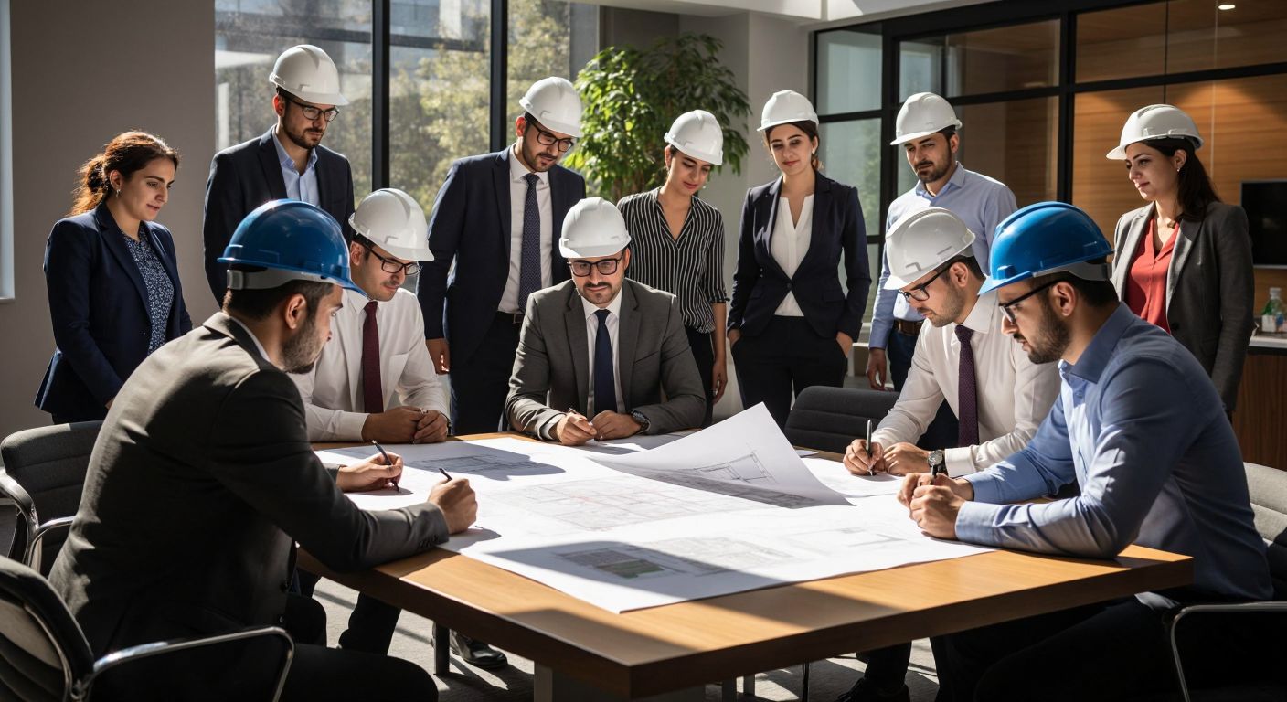 A diverse group of Turkish workers in hard hats and office attire collaborate around a table with ILO representatives, reviewing blueprints and documents in a sunlit Ankara conference room, symbolizing labor standards and economic development.