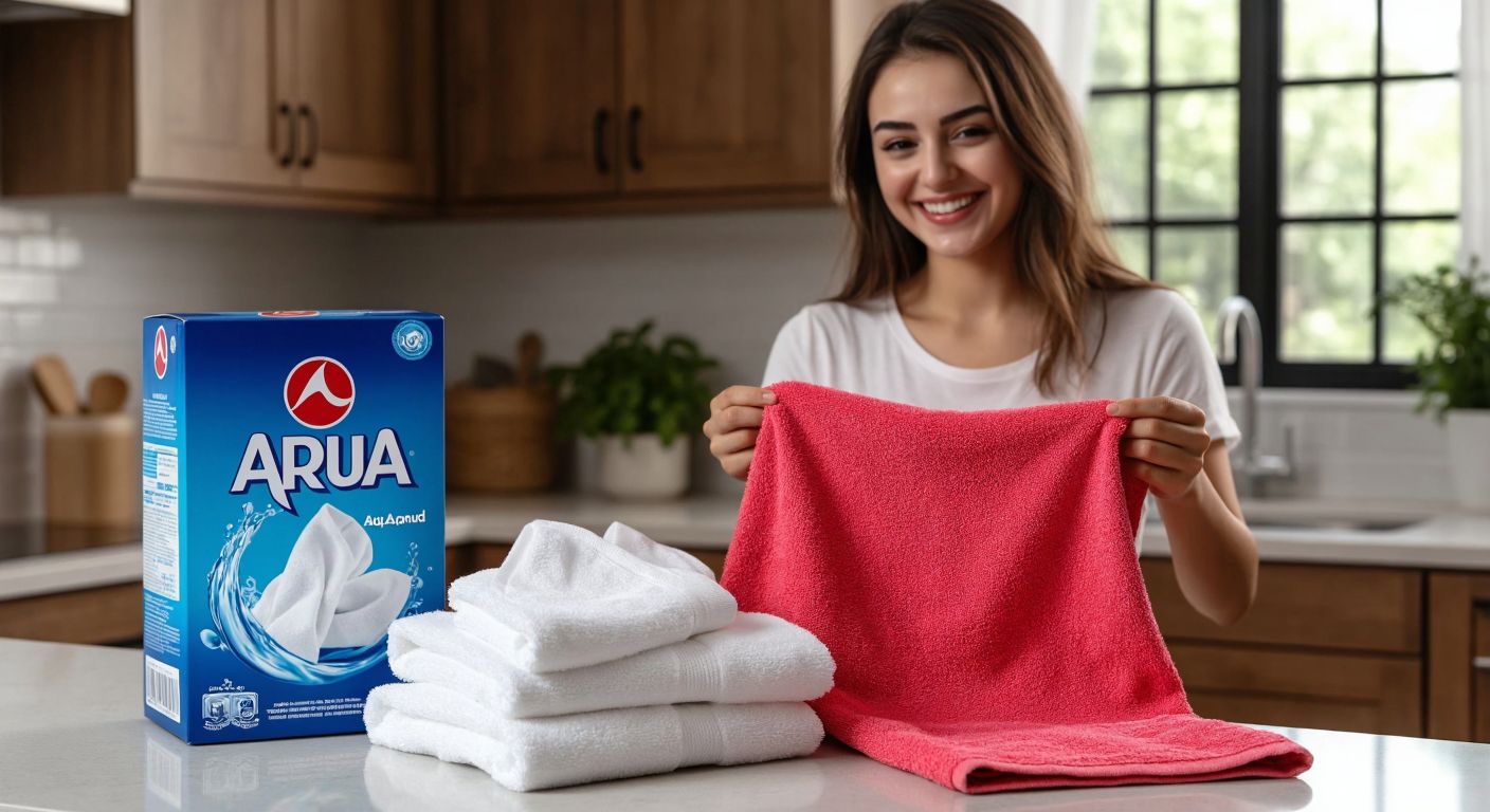 A bright blue box of Ariel AquaPudra detergent sits on a wooden table next to a pile of freshly washed, spotless white clothes, with a Turkish woman smiling as she holds up a clean, vibrant red towel.