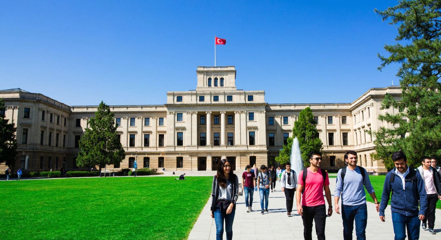 A grand university building with a Turkish flag flying atop, surrounded by students in casual attire walking through a green campus under a bright blue sky.