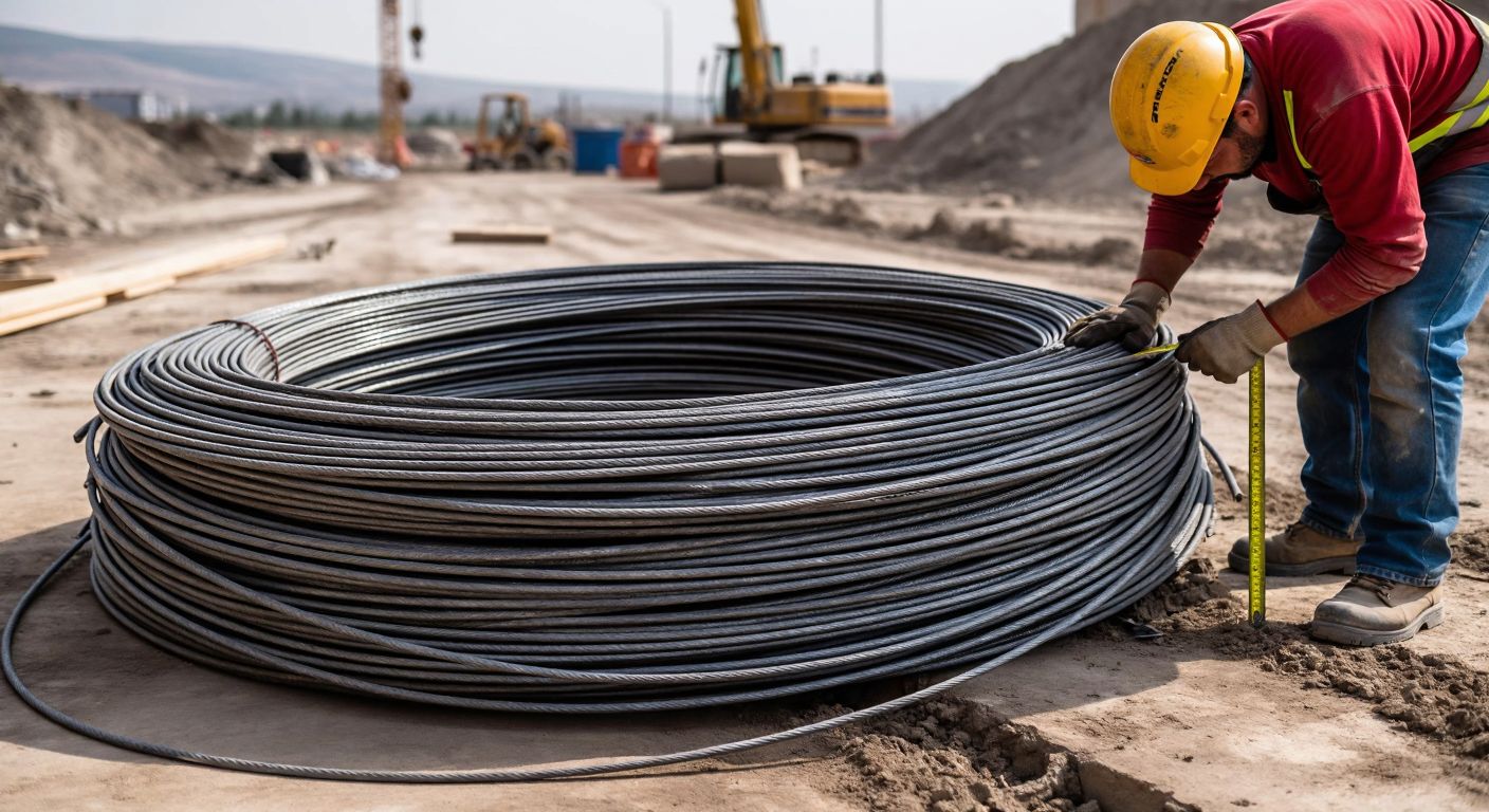 A coiled pile of thick steel wire resting on a dusty construction site in Turkey, with a worker in a hard hat and work gloves measuring its length with a tape measure.