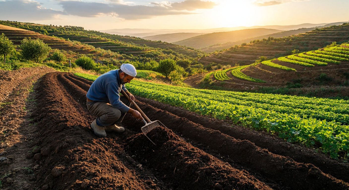 A Turkish farmer in a sunlit field kneels on rich, dark soil, mixing compost with a pitchfork while terraced plots and green manure rows stretch into the distance.