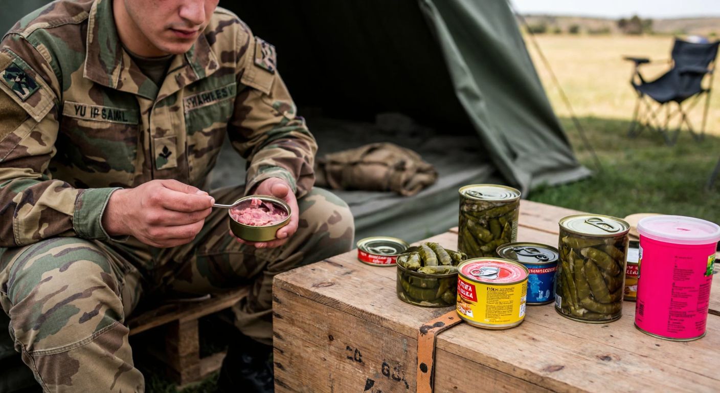 A young Turkish soldier in camouflage uniform sits on a wooden crate in a military camp, holding an open can of tuna with a spoon, surrounded by other canned foods like stuffed vine leaves and bean pilaki on a makeshift table.