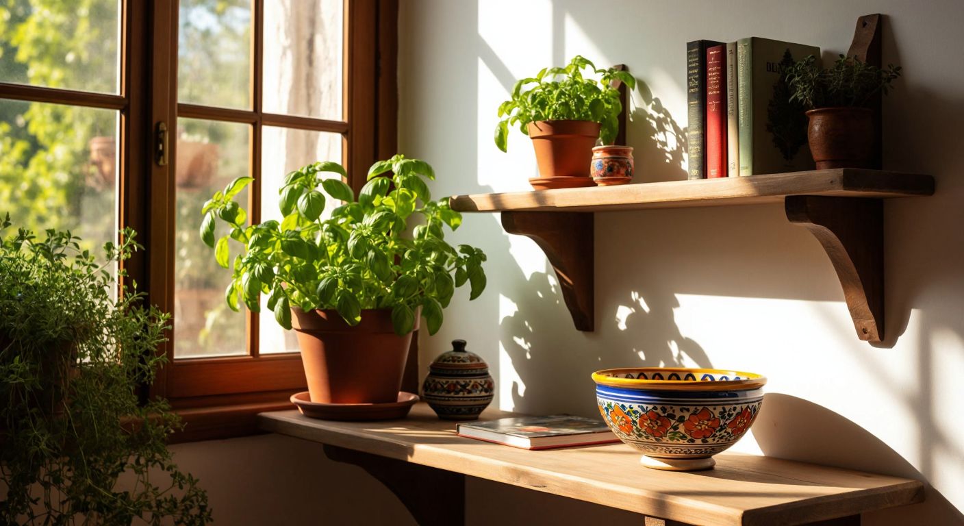 A warm, sunlit Turkish living room with a sturdy wooden wall shelf displaying a potted basil plant, a stack of colorful books, and a hand-painted ceramic bowl, evoking both functionality and rustic charm.