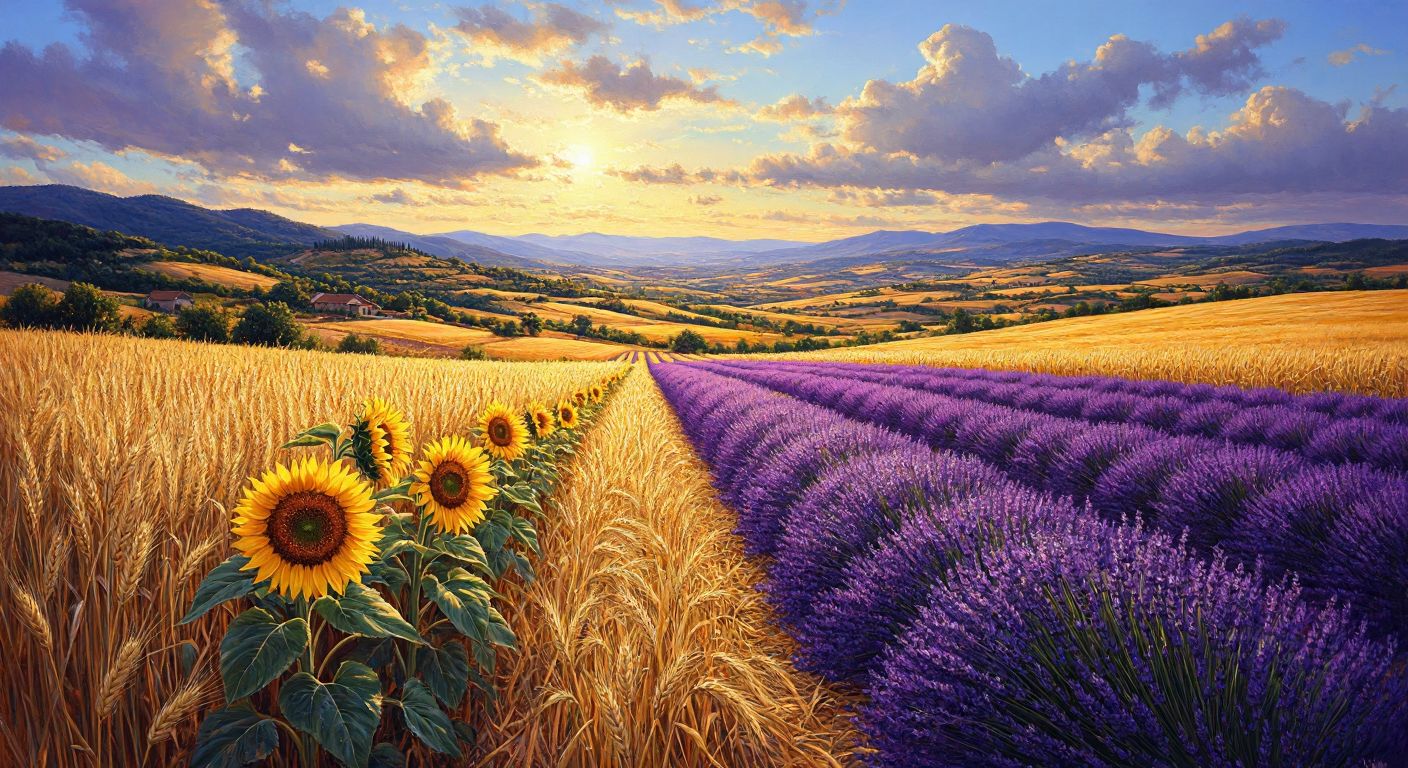 A sunlit Turkish countryside field with golden wheat stalks, vibrant purple lavender rows, and sunflowers swaying in the breeze, framed by distant rolling hills.