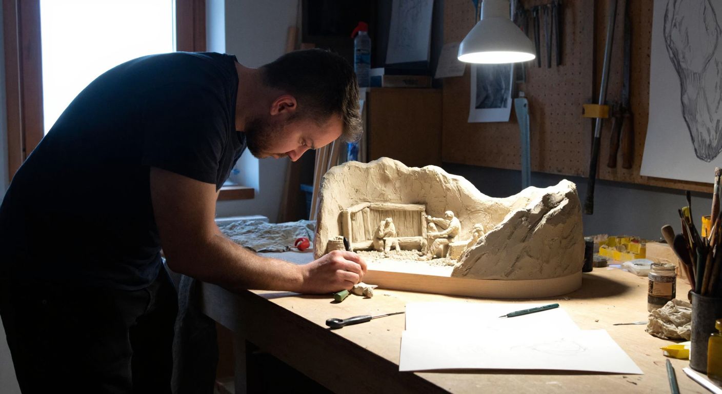 A craftsman in a workshop carefully sculpts a miniature cave model with precise tools, surrounded by scaled-down rock formations and reference sketches.