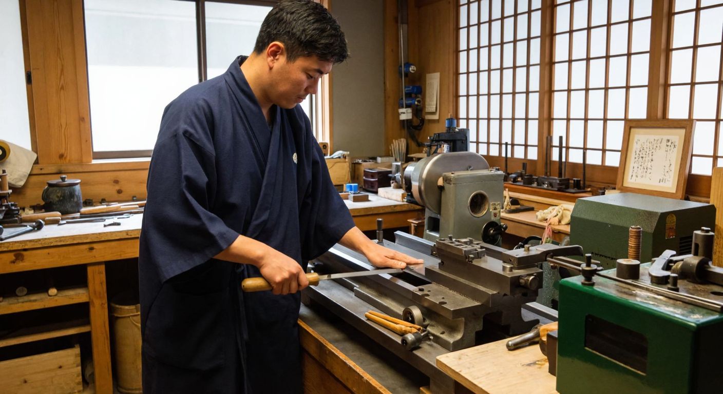 A traditional Japanese workshop with a craftsman in a navy-blue happi coat carefully operating a gleaming metal lathe, surrounded by precision tools and machinery.
