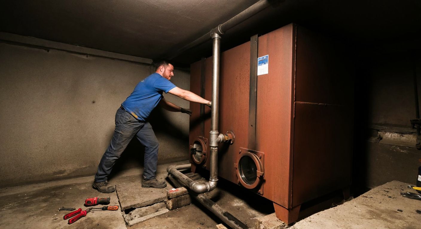 A skilled worker in a dimly lit basement carefully connects metal pipes to a large, rust-colored solid-fuel boiler, with tools scattered on a concrete floor nearby.