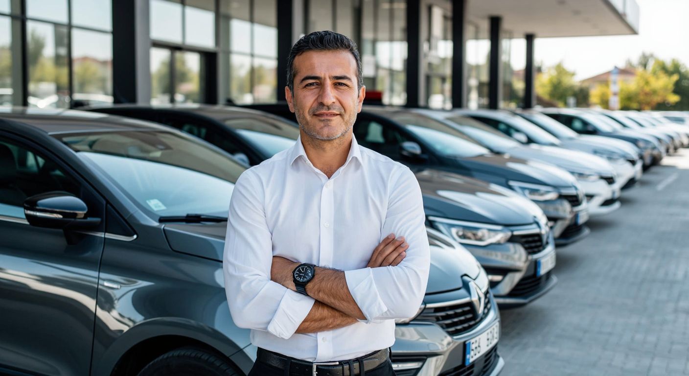 A confident middle-aged Turkish man in a crisp white shirt stands proudly beside a sleek, modern car dealership, with rows of polished vehicles gleaming under the bright sun.