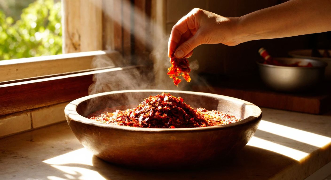 A rustic wooden bowl filled with vibrant red **Halis pulbiber** flakes, resting on a sunlit kitchen counter in Turkey, with a hand reaching in to sprinkle some over a steaming dish of **lahmacun**.