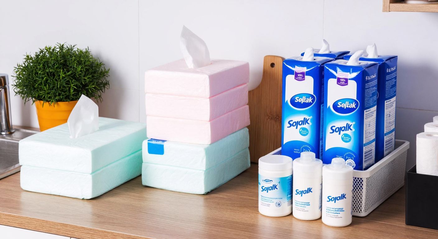A neatly arranged display of two distinct product stacks—one with soft, pastel-colored household tissues (Selpak) and the other with sturdy, industrial-style professional hygiene supplies (Selpak Professional)—on a clean wooden counter in a Turkish home.