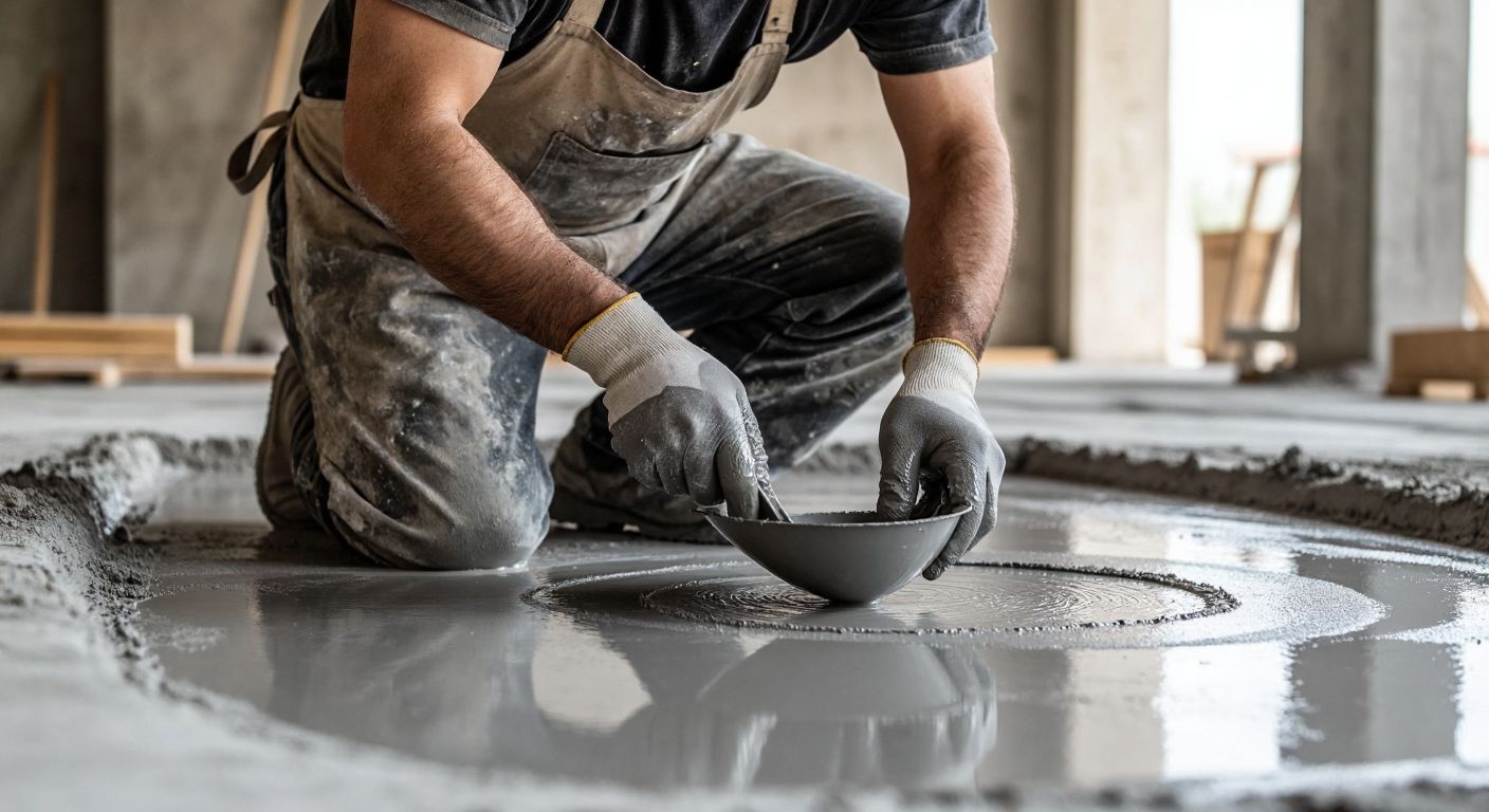 A Turkish construction worker in a dusty apron carefully pours a smooth, gray self-leveling compound onto a concrete floor, using a trowel to spread it evenly across a measured 5-10 square meter area.