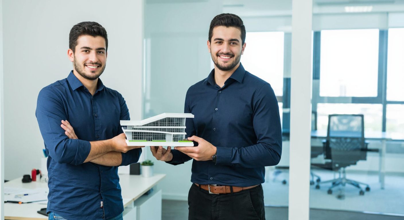 Two young Turkish men in casual business attire stand confidently in a modern office, smiling warmly while holding a small model of a futuristic building, symbolizing their engineering collaboration.
