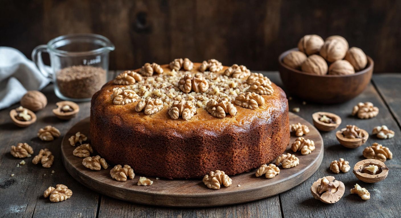 A warm, golden-brown walnut cake sits on a rustic wooden table, surrounded by scattered walnut halves and a measuring cup filled with freshly chopped walnuts, evoking a cozy Turkish kitchen.